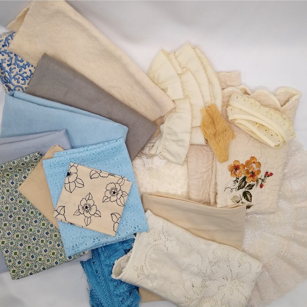 Blue, Suede, Coffee Dyed Fabric, Lace, and Trim Bundle, Junk Journal Supplies